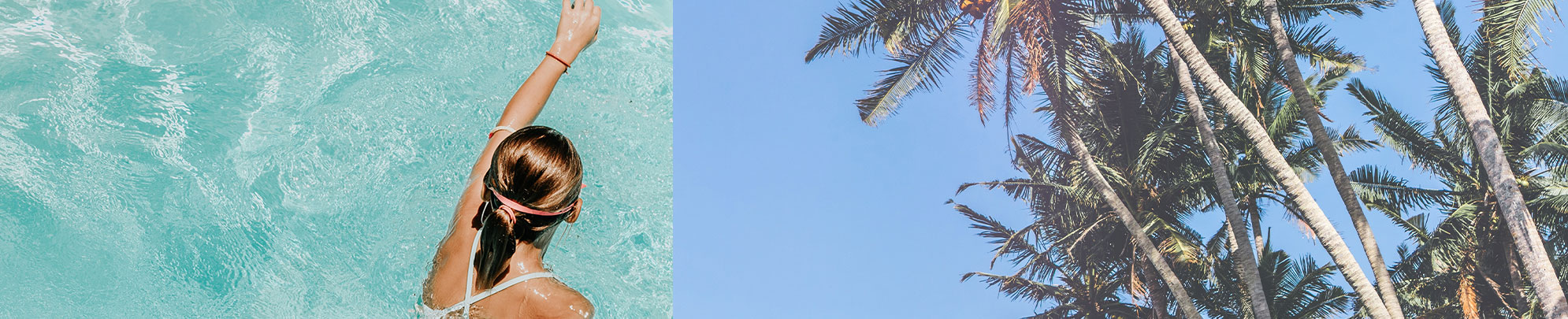 Girl swimming in pool and a blue sky with palm trees