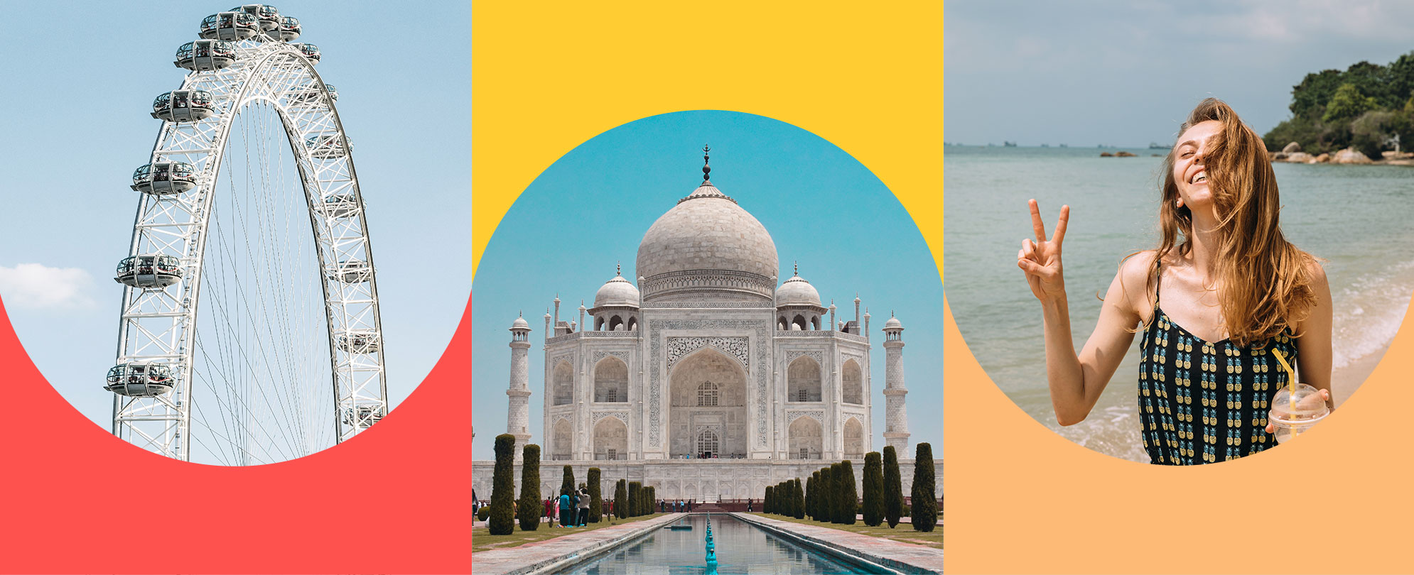 Ferris wheel, the Taj Mahal, and girl in bathing suit making a peace sign